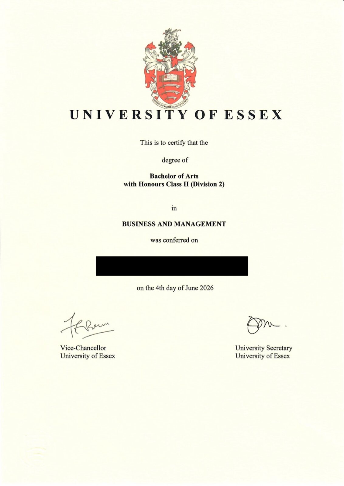 University of Essex BA (Hons) Business and Management 졸업증