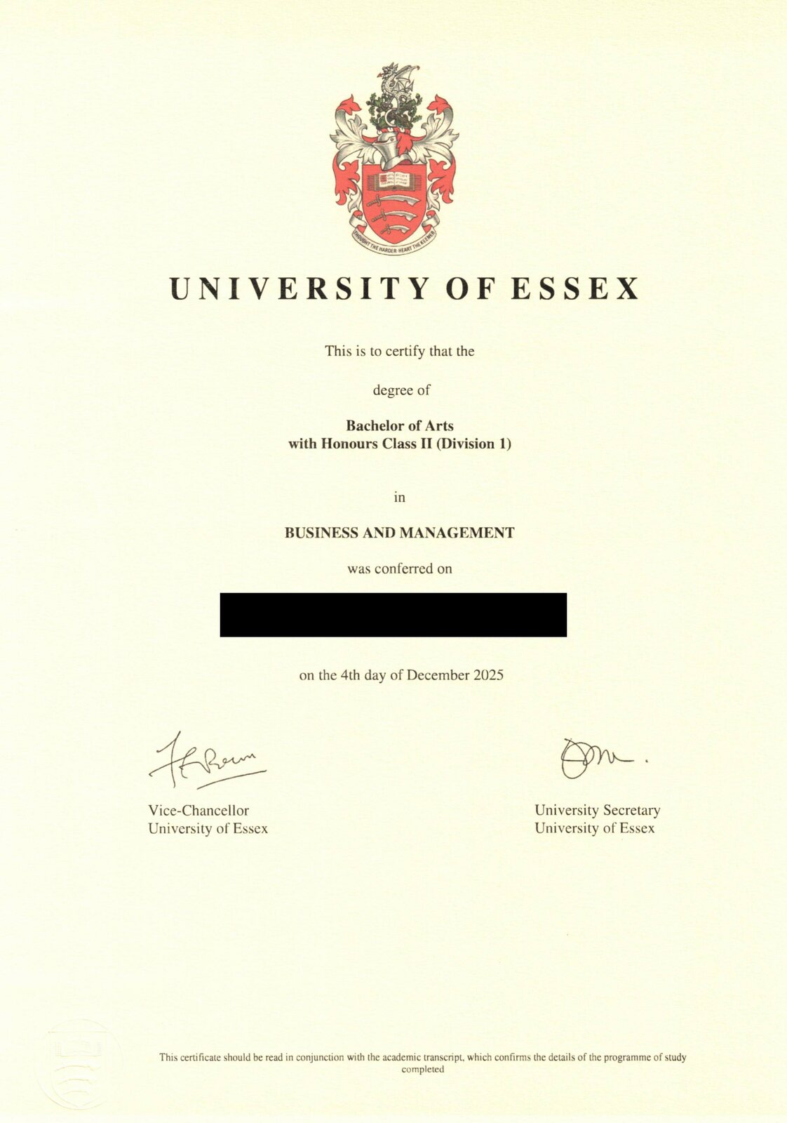 University of Essex BA (Hons) Business and Management 졸업증