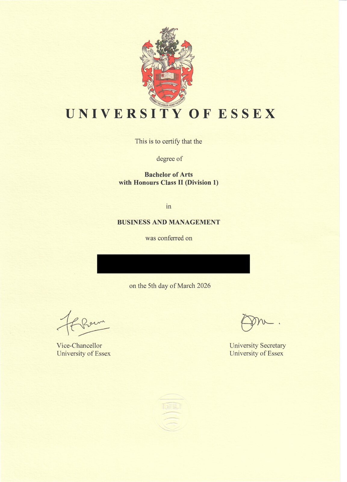 University of Essex BA (Hons) Business and Management 졸업증