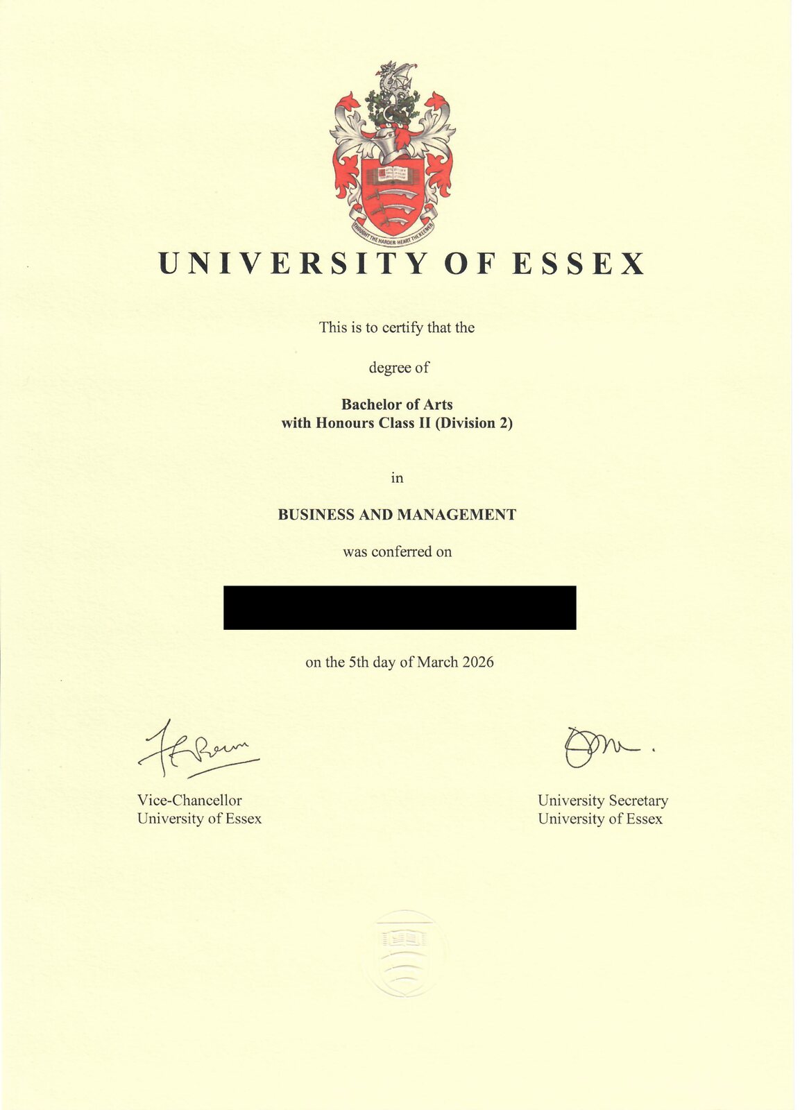 University of Essex BA (Hons) Business and Management 졸업증