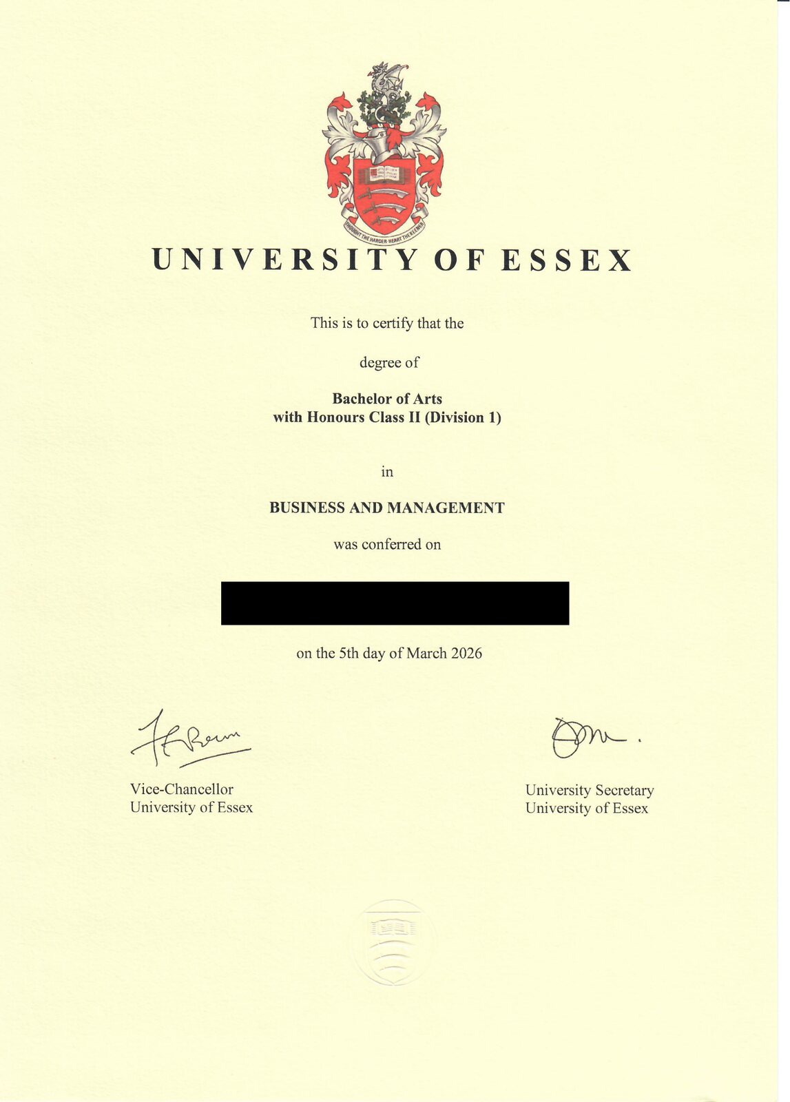 University of Essex BA (Hons) Business and Management 졸업증
