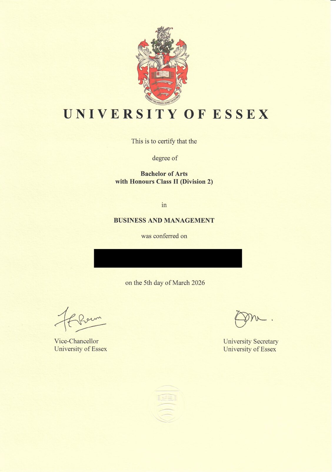 University of Essex BA (Hons) Business and Management 졸업증