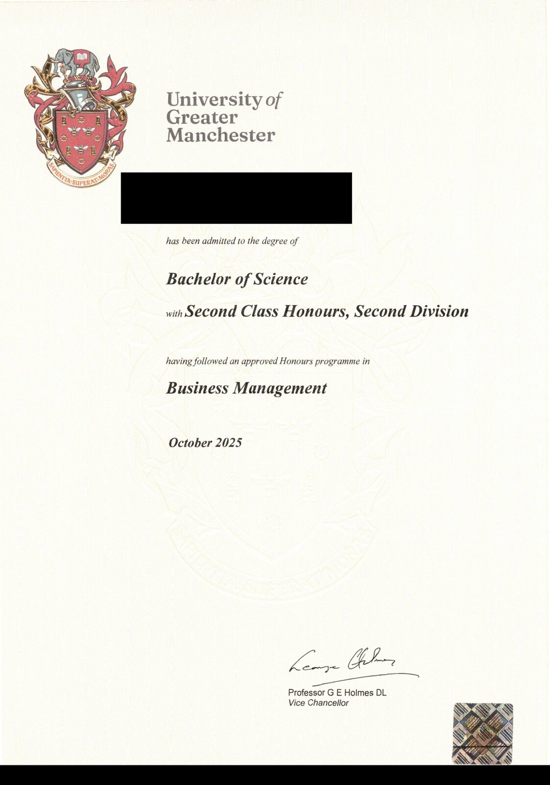 University of Greater Manchester BSc (Hons) Business Management 졸업증