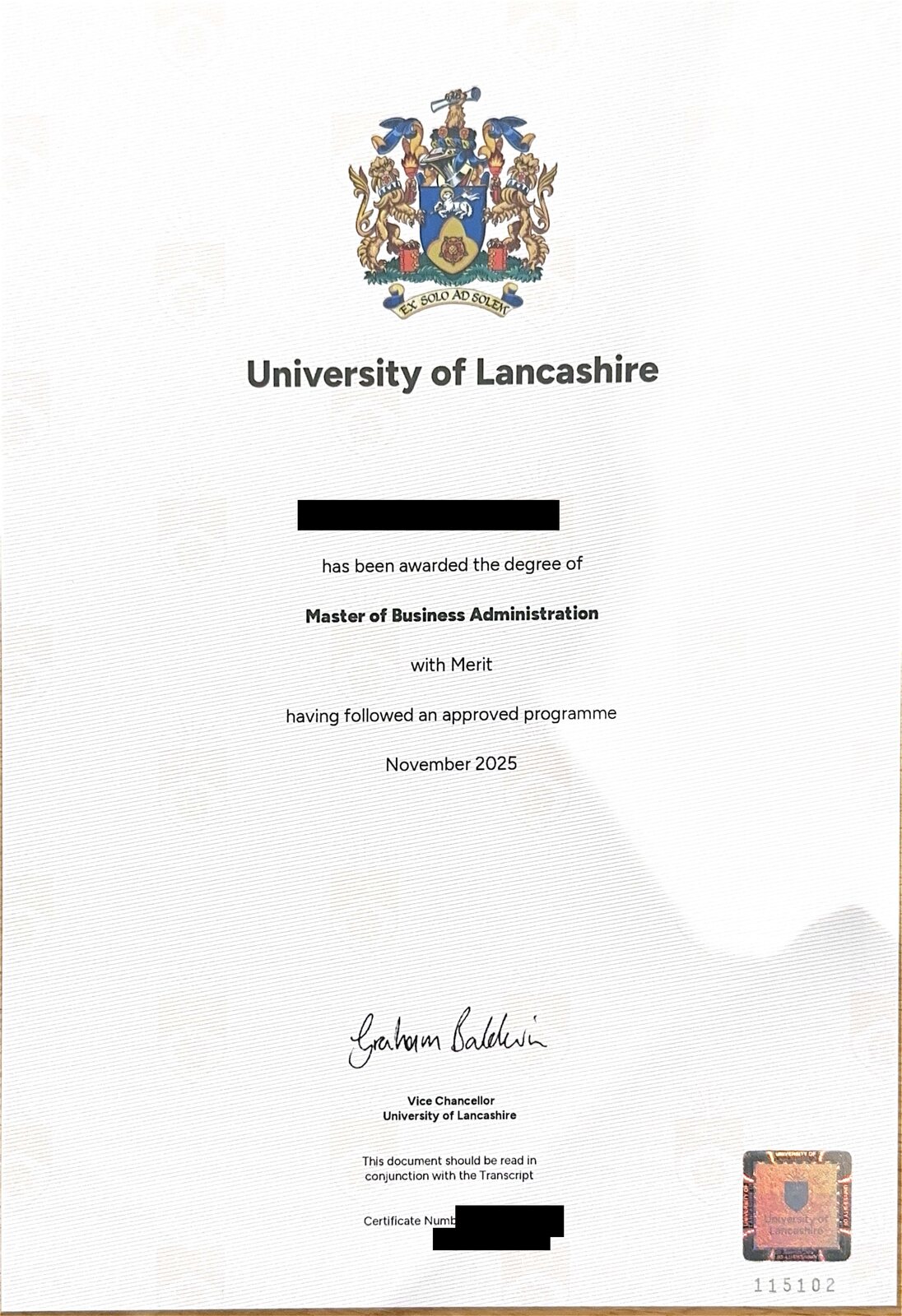 University of Lancashire MBA with Merit 졸업증