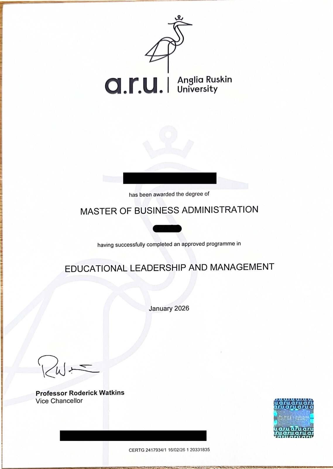 Anglia Ruskin University MBA 졸업증