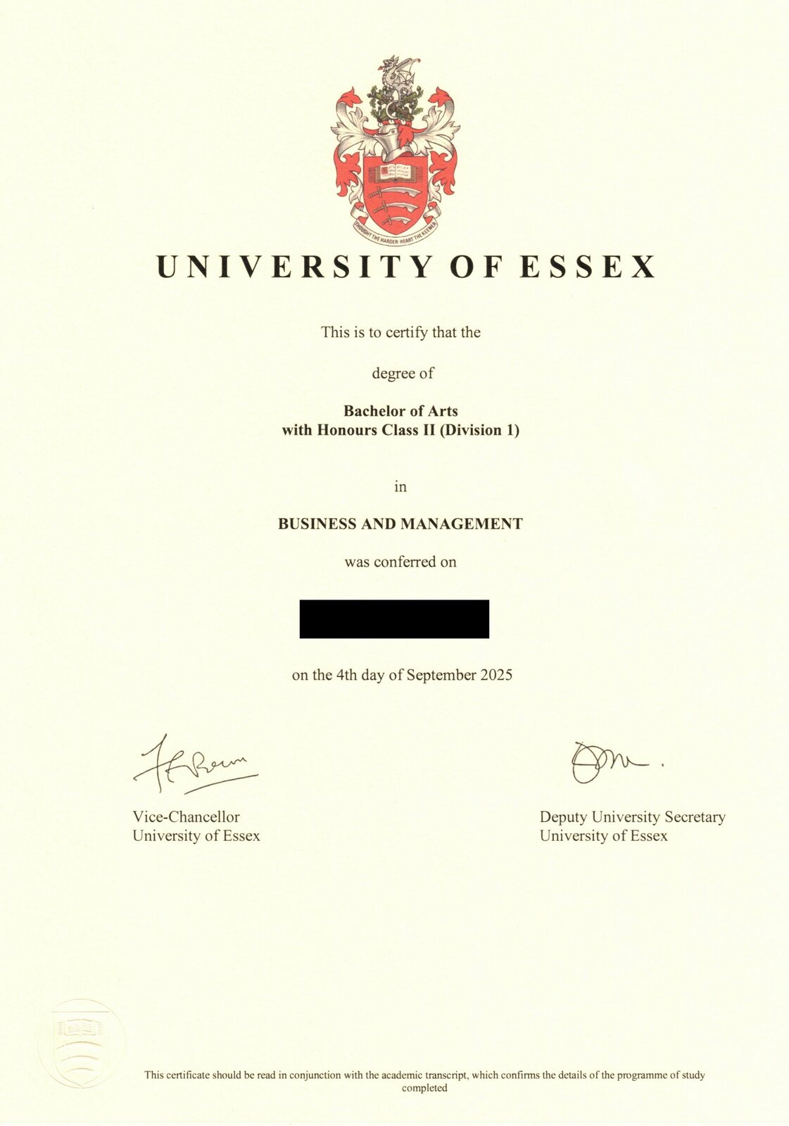 University of Essex BA (Hons) Business and Management 졸업증