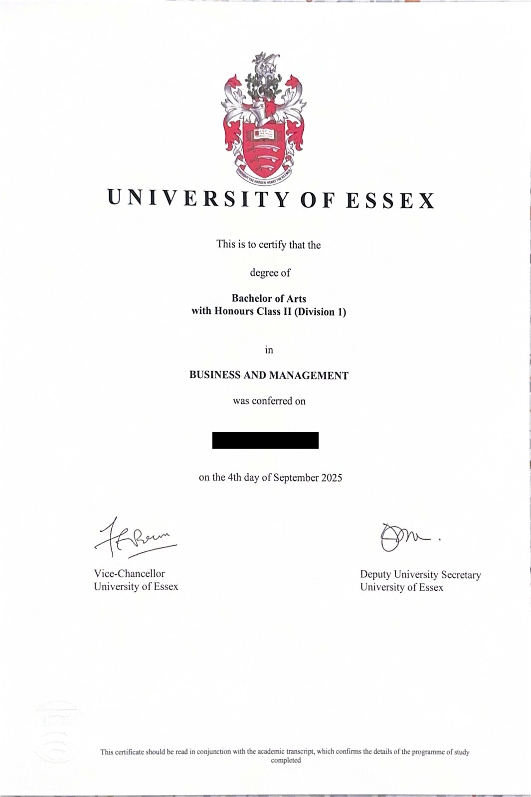University of Essex BA (Hons) Business and Management 졸업증